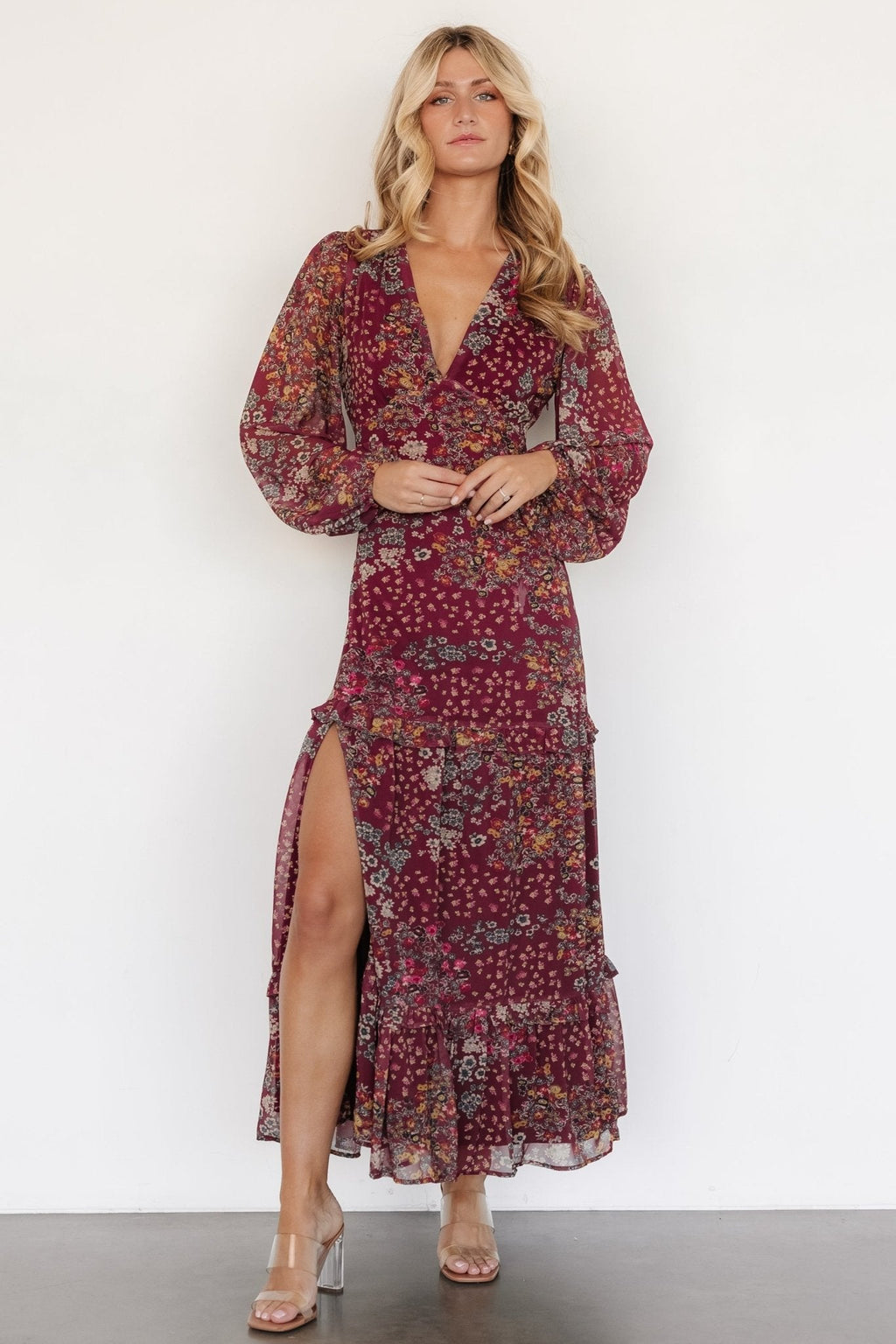 Bowman Deep V Maxi Dress | Burgundy Multi