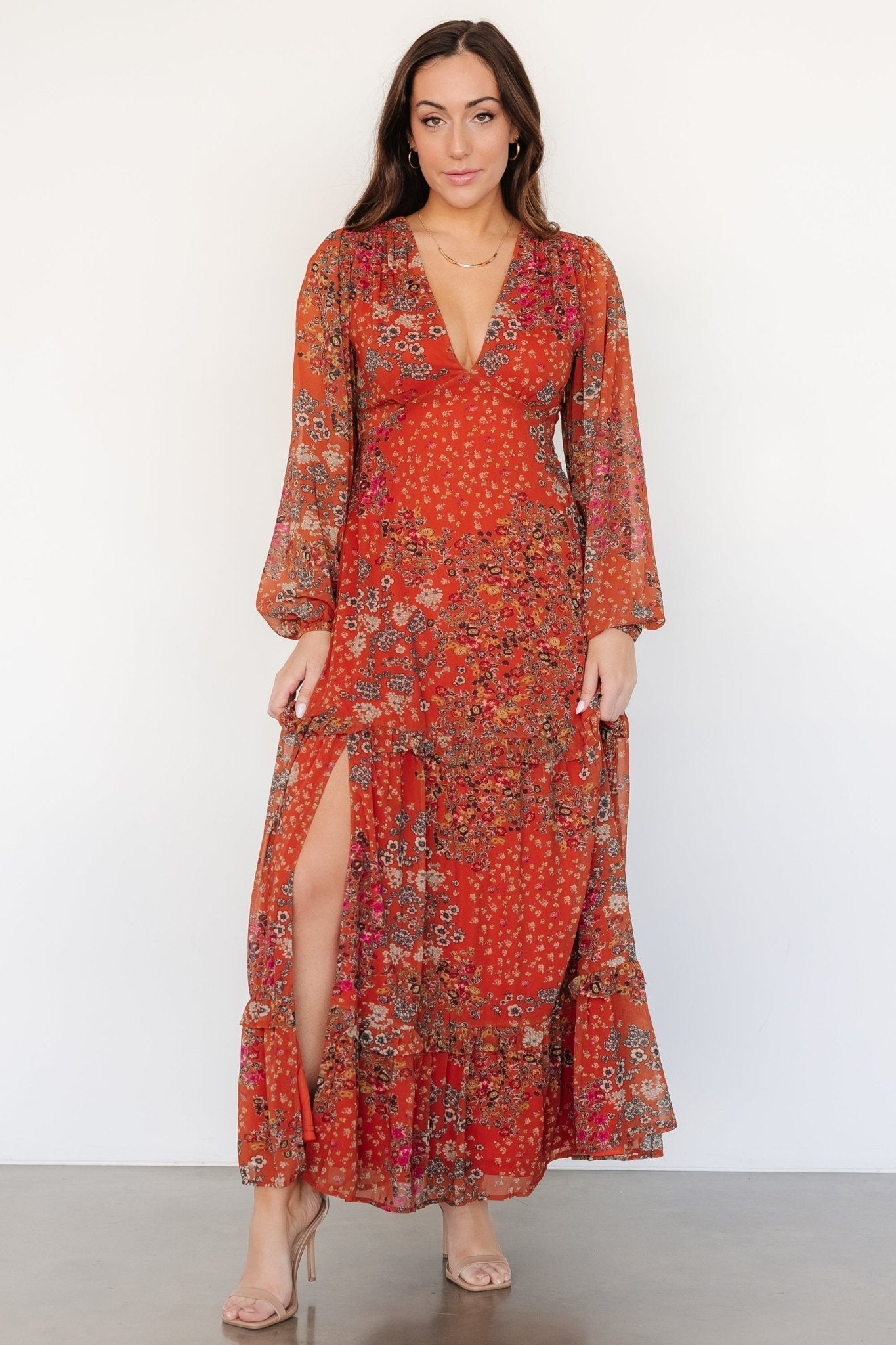 Bowman Deep V Maxi Dress | Rust Multi