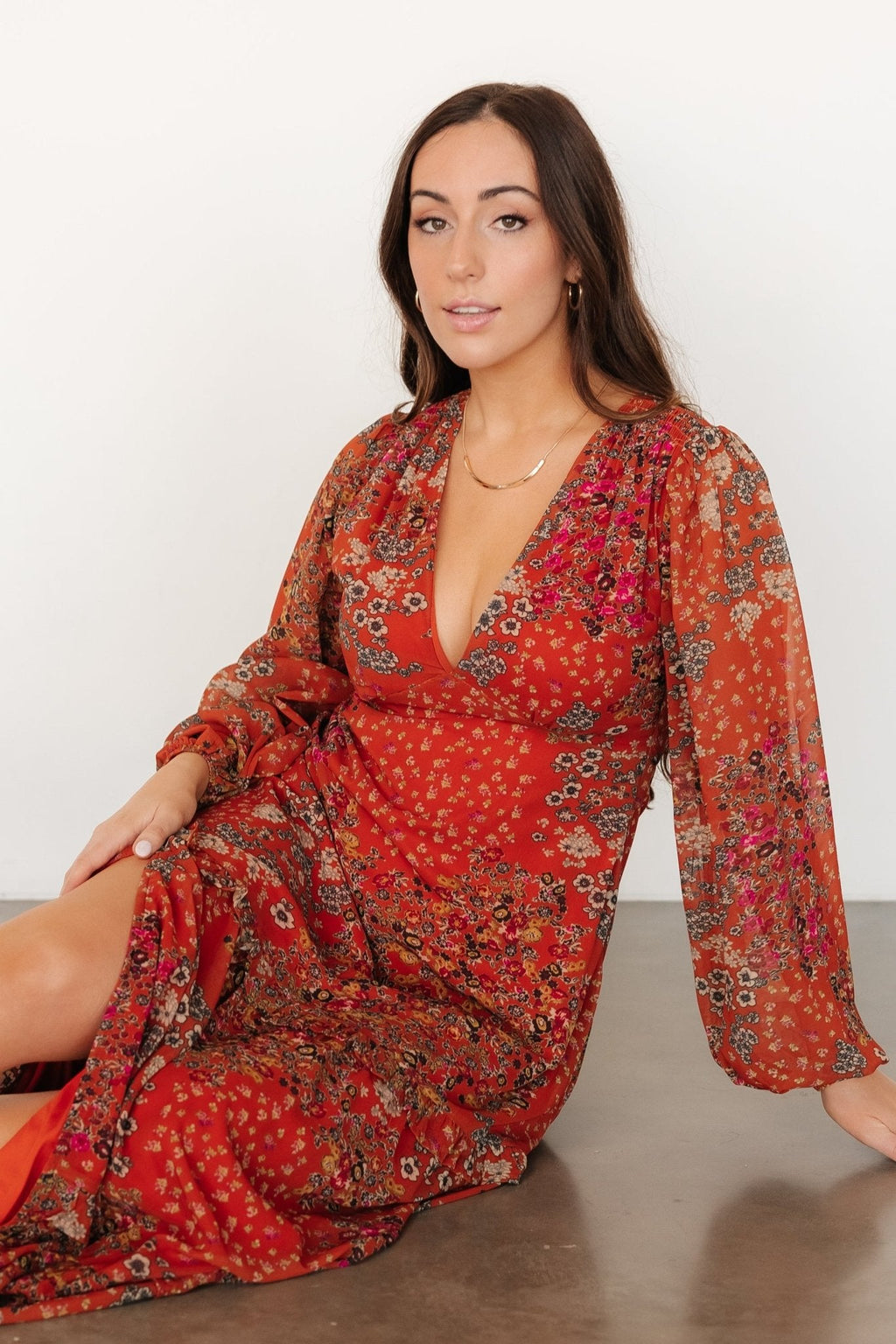 Bowman Deep V Maxi Dress | Rust Multi