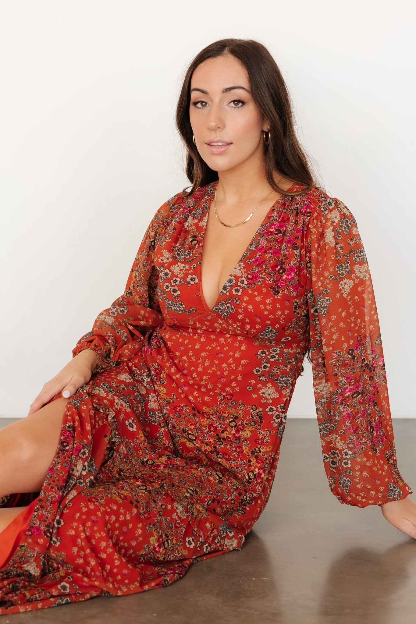 Bowman Deep V Maxi Dress | Rust Multi