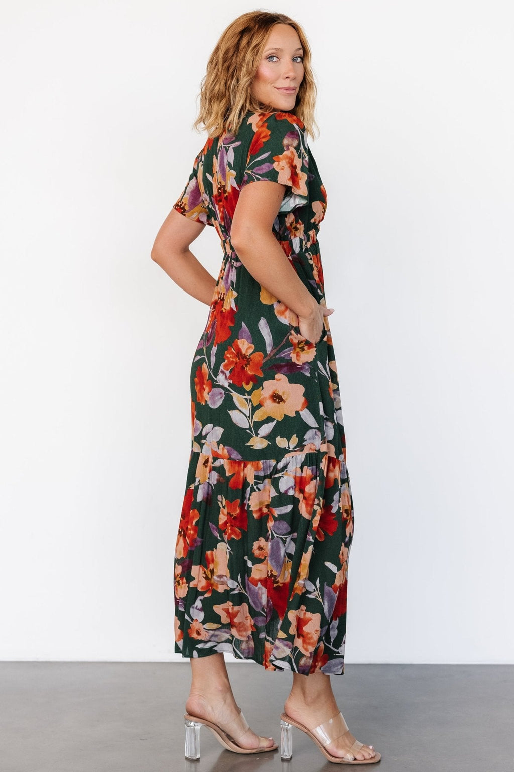 Cassie Short Sleeve Dress | Dark Green Floral