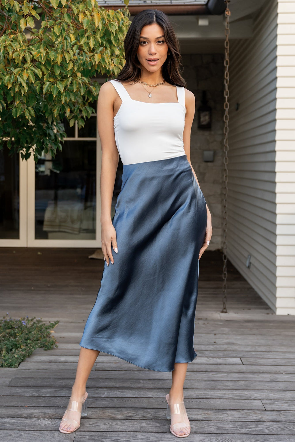 Celeste Satin Midi Skirt | Steel Blue