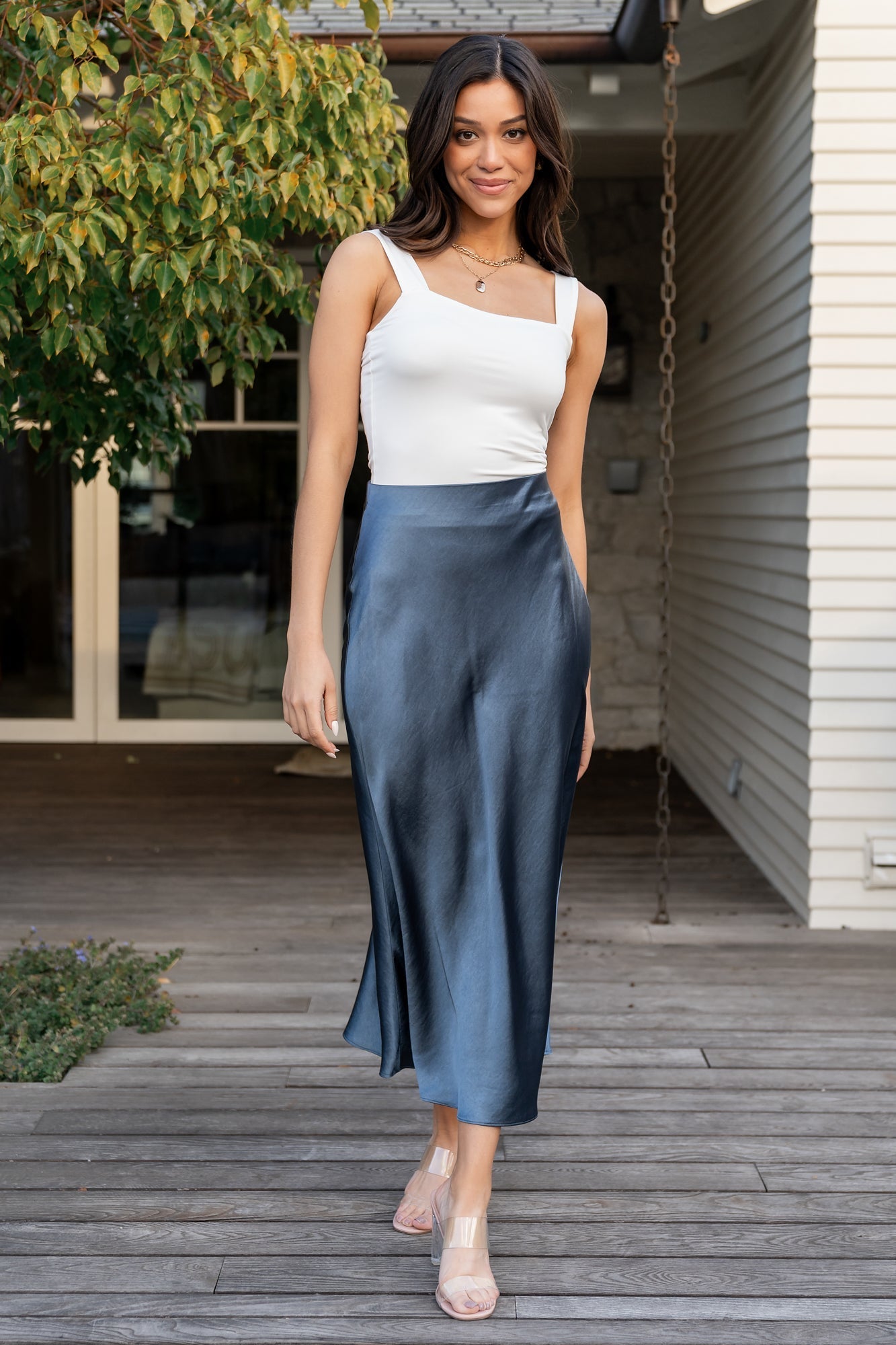 Celeste Satin Midi Skirt | Steel Blue