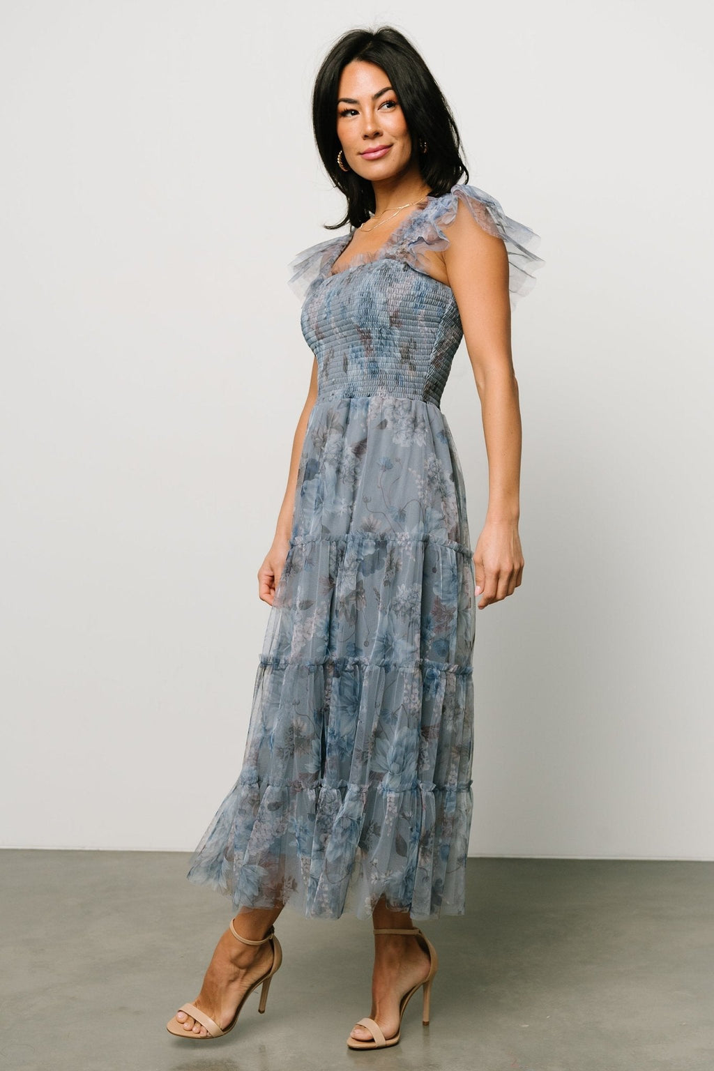 Clementine Tulle Midi Dress | Dusty Blue Floral
