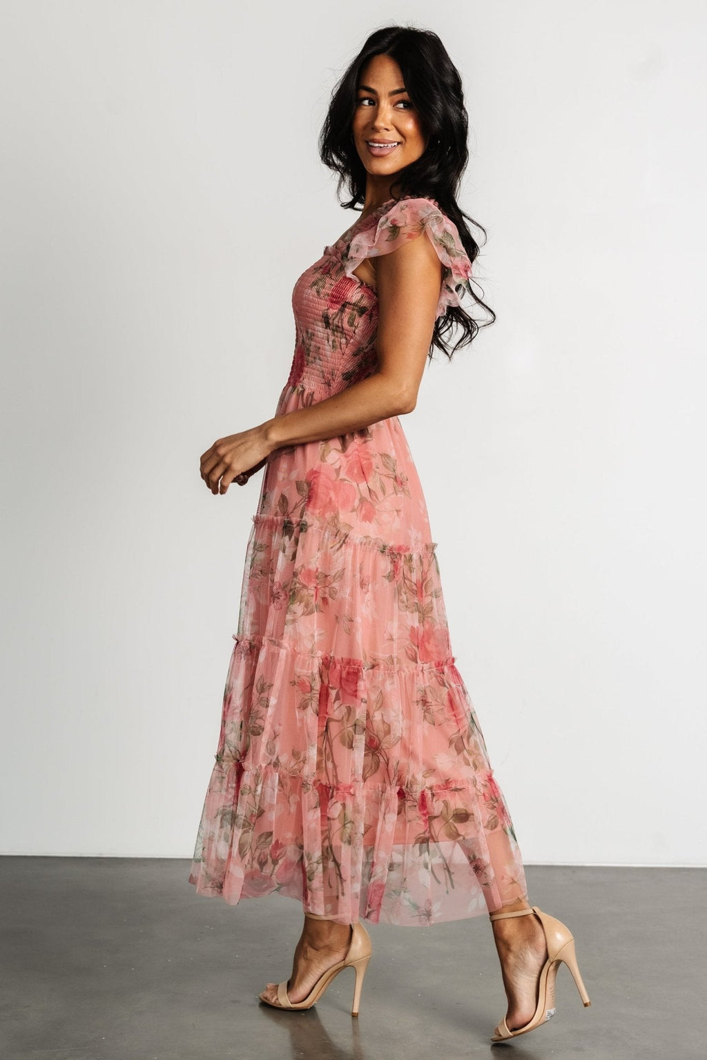 Clementine Tulle Midi Dress | Pink Rose Floral