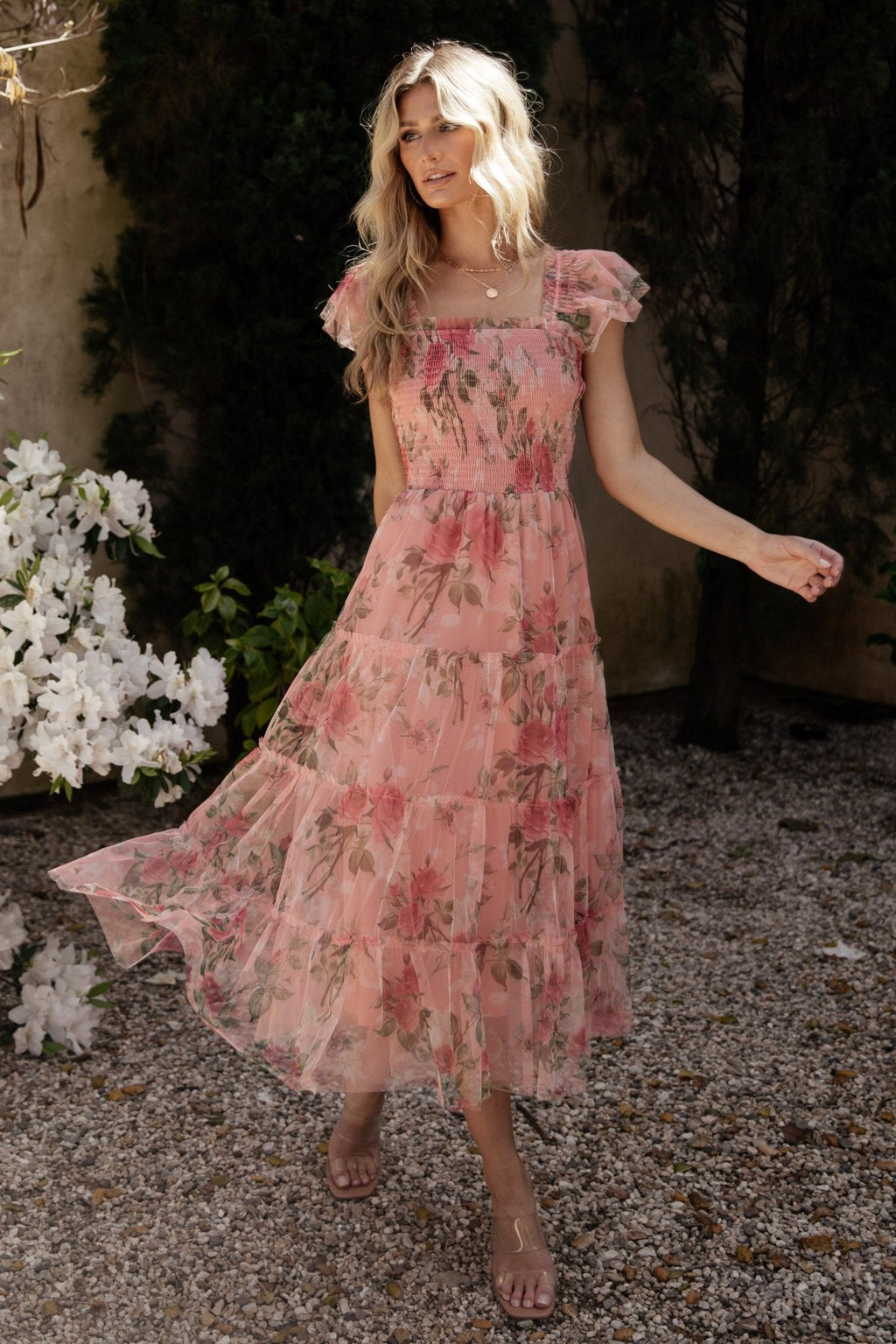 Clementine Tulle Midi Dress | Pink Rose Floral