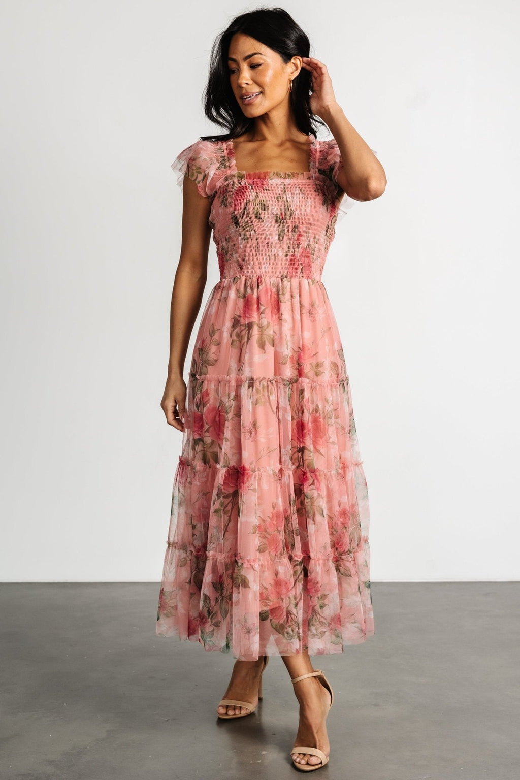 Clementine Tulle Midi Dress | Pink Rose Floral