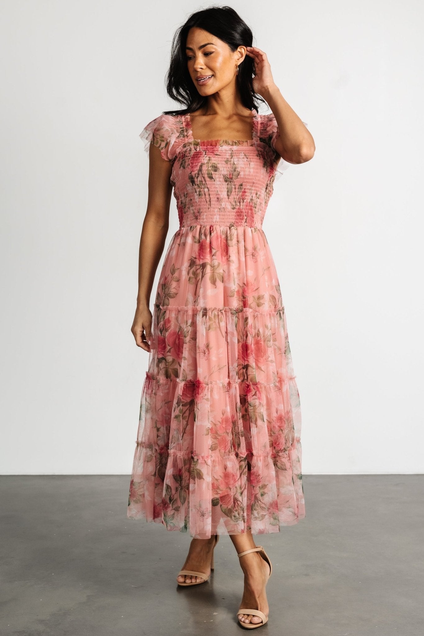 Clementine Tulle Midi Dress | Pink Rose Floral