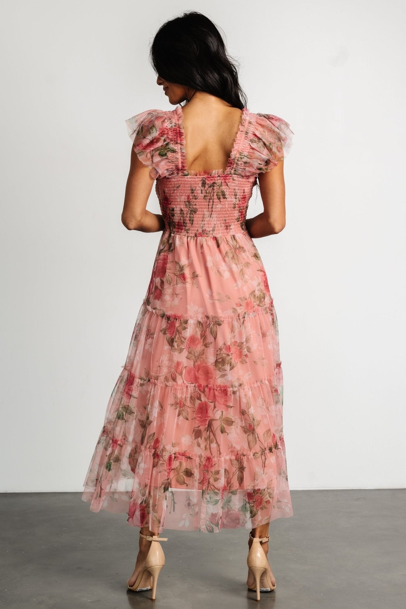 Clementine Tulle Midi Dress | Pink Rose Floral