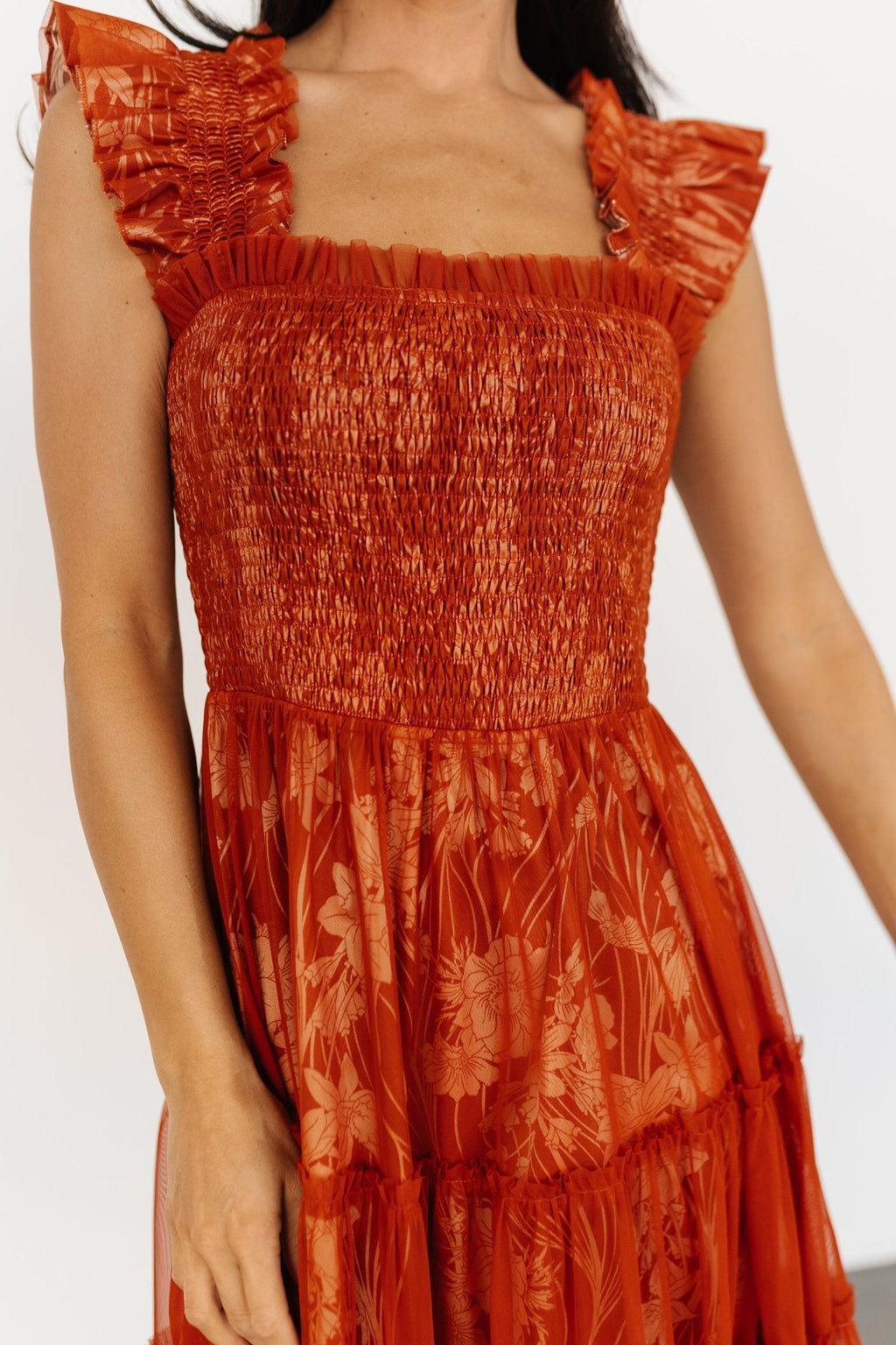 Cora Smocked Tulle Dress | Rust Floral