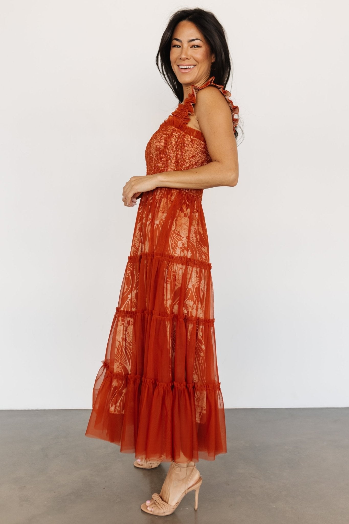 Cora Smocked Tulle Dress | Rust Floral