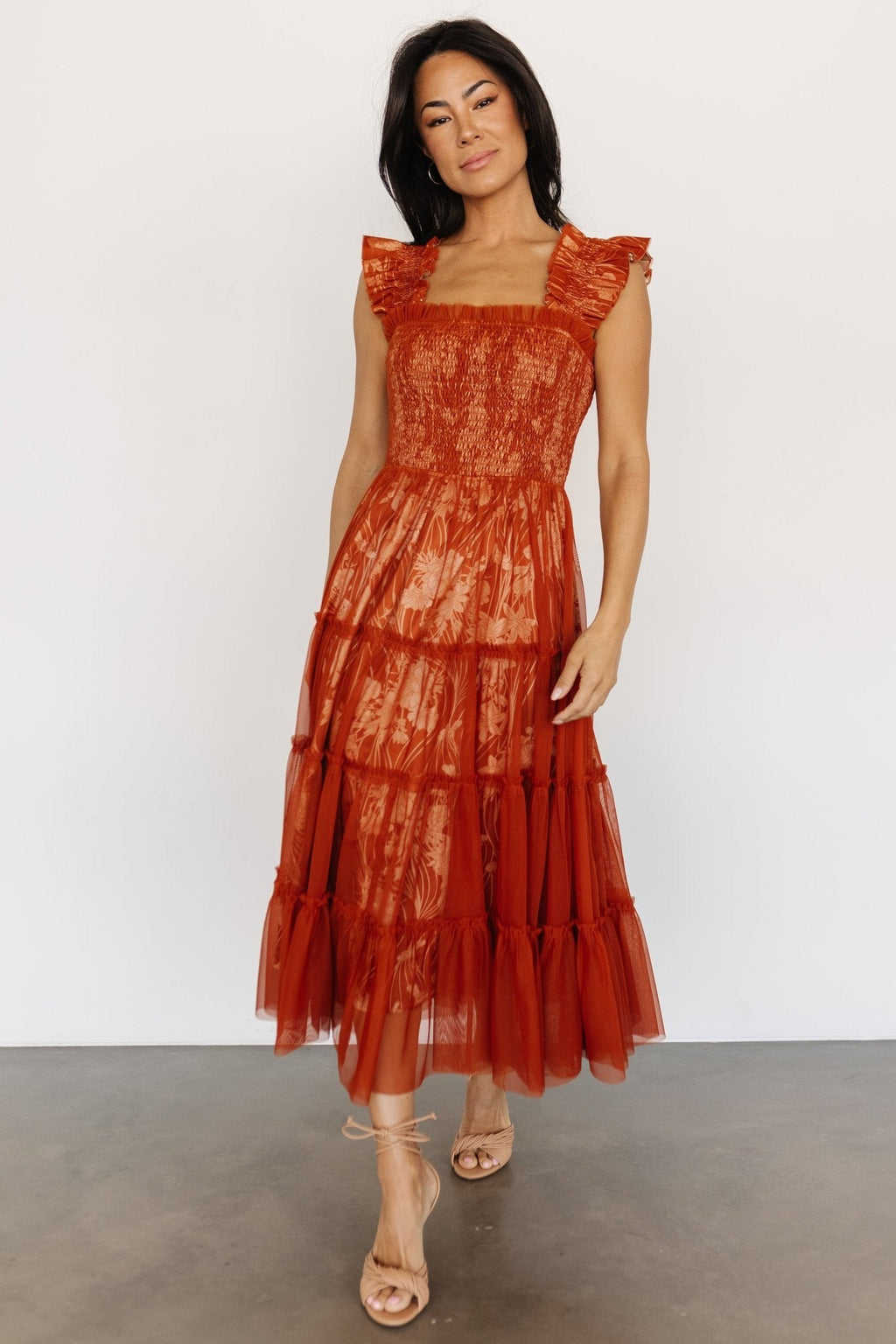 Cora Smocked Tulle Dress | Rust Floral