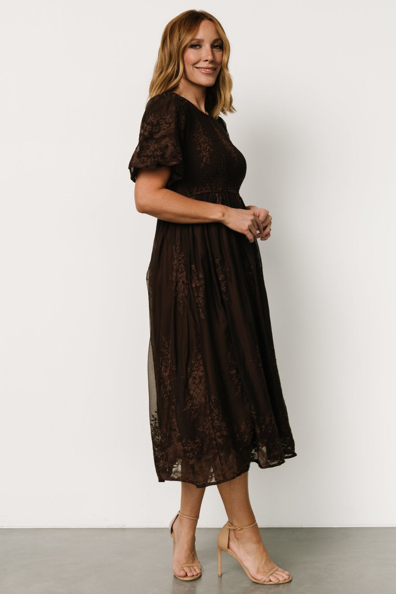 Corrine Embroidered Midi Dress | Brown