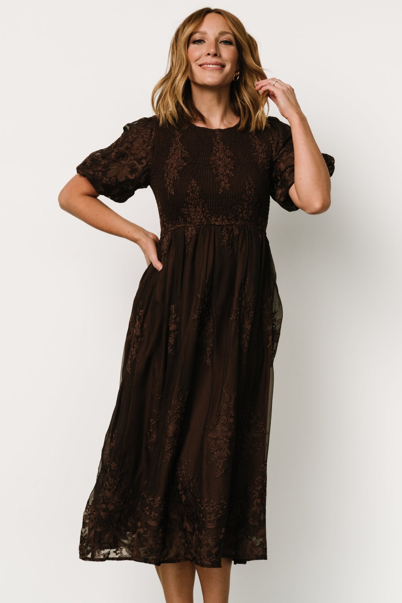 Corrine Embroidered Midi Dress | Brown