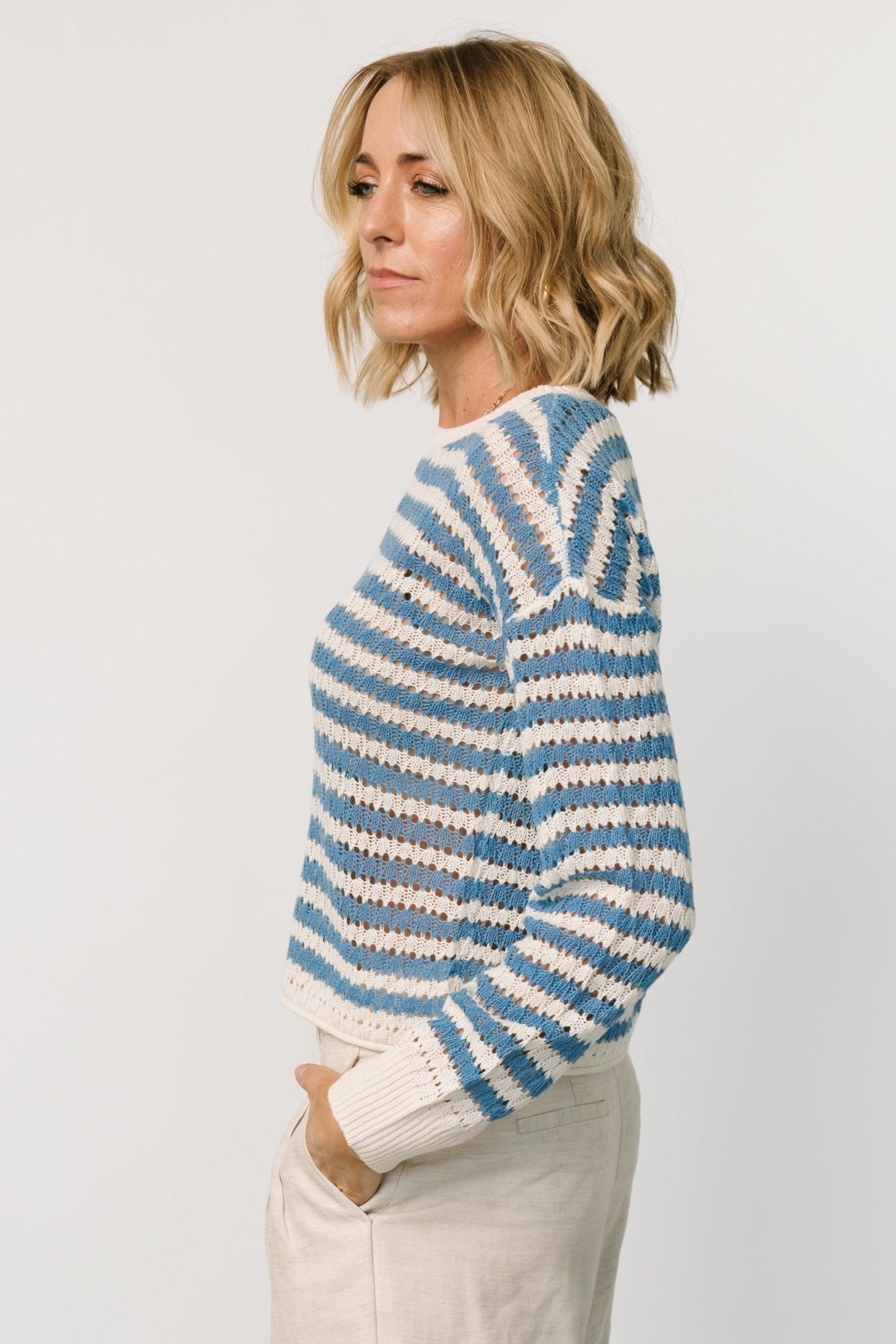 Dawn Open Knit Top | Blue + Ivory