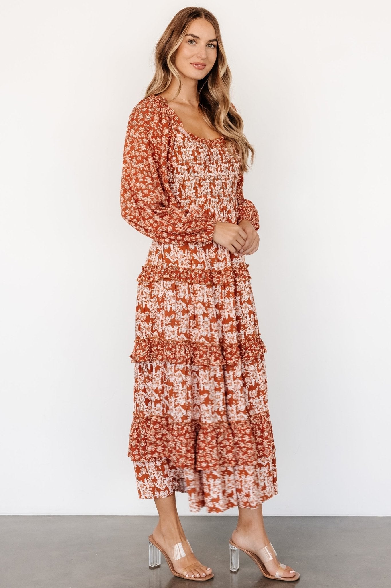 Dynah Tiered Dress | Rust +Cream Floral