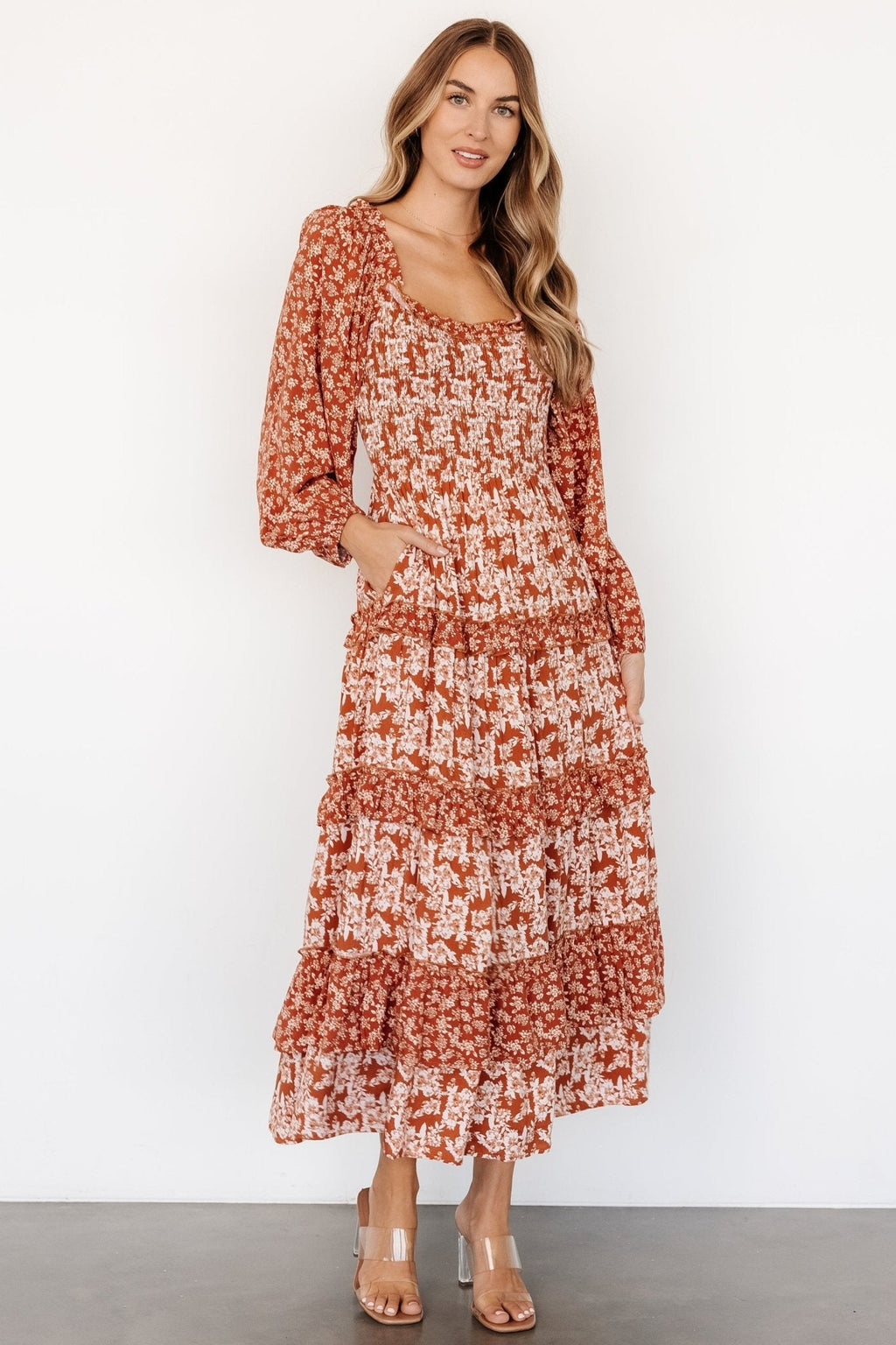 Dynah Tiered Dress | Rust +Cream Floral