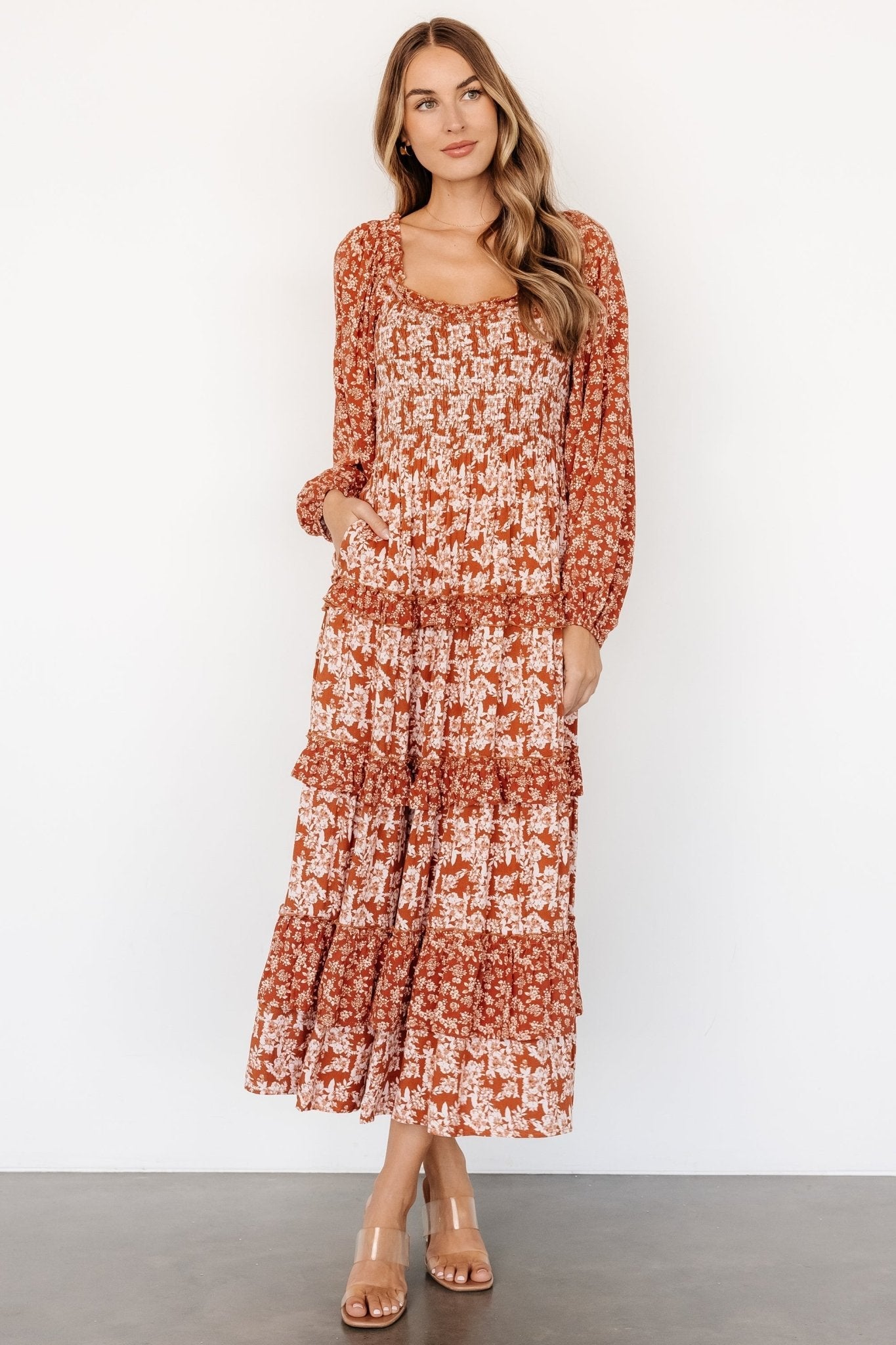 Dynah Tiered Dress | Rust +Cream Floral