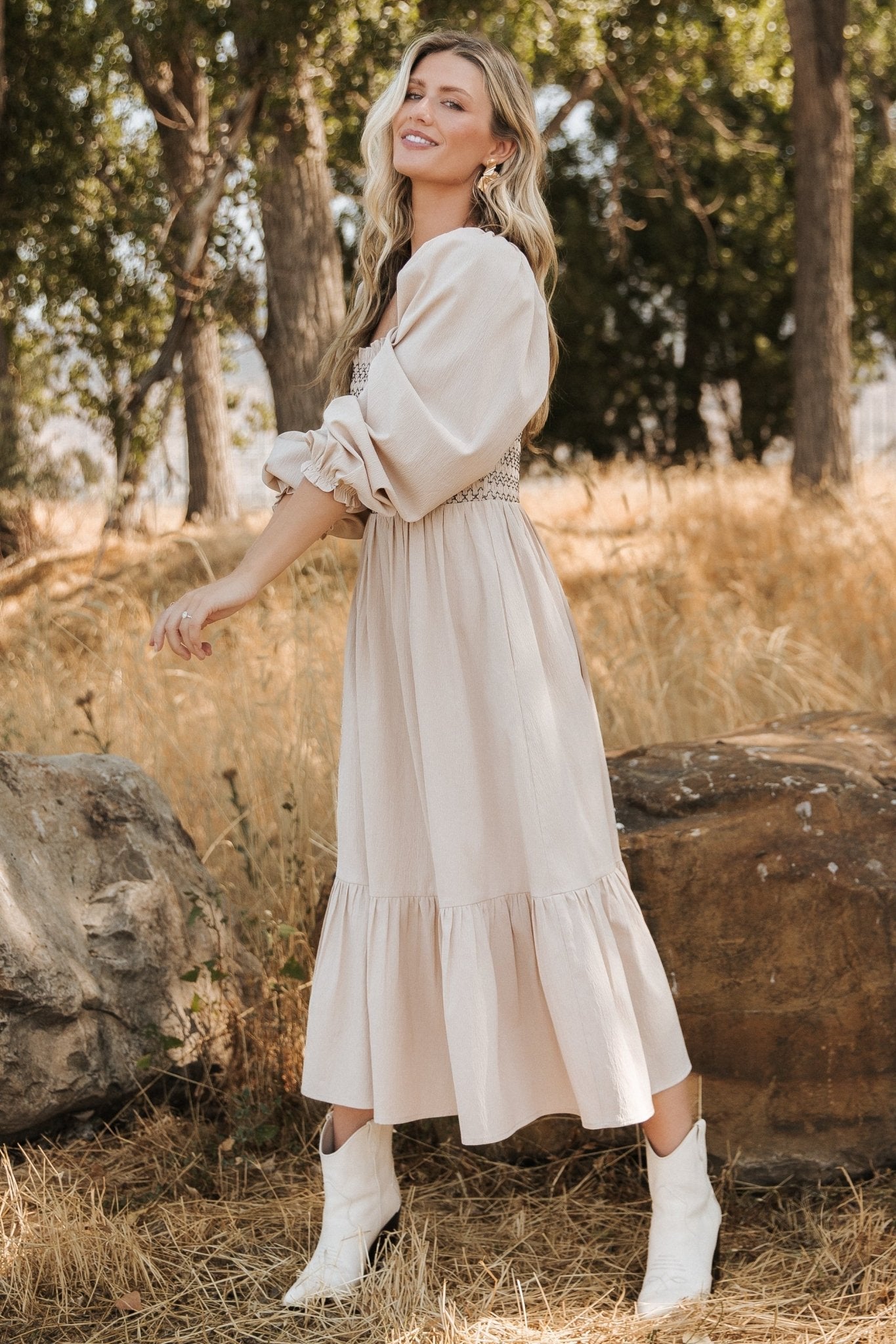 Emmeline Smocked Midi Dress | Natural