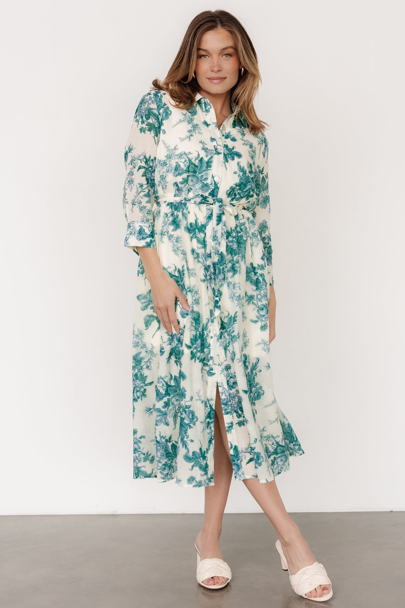 Eunice Button Midi Dress | Cream + Green Floral