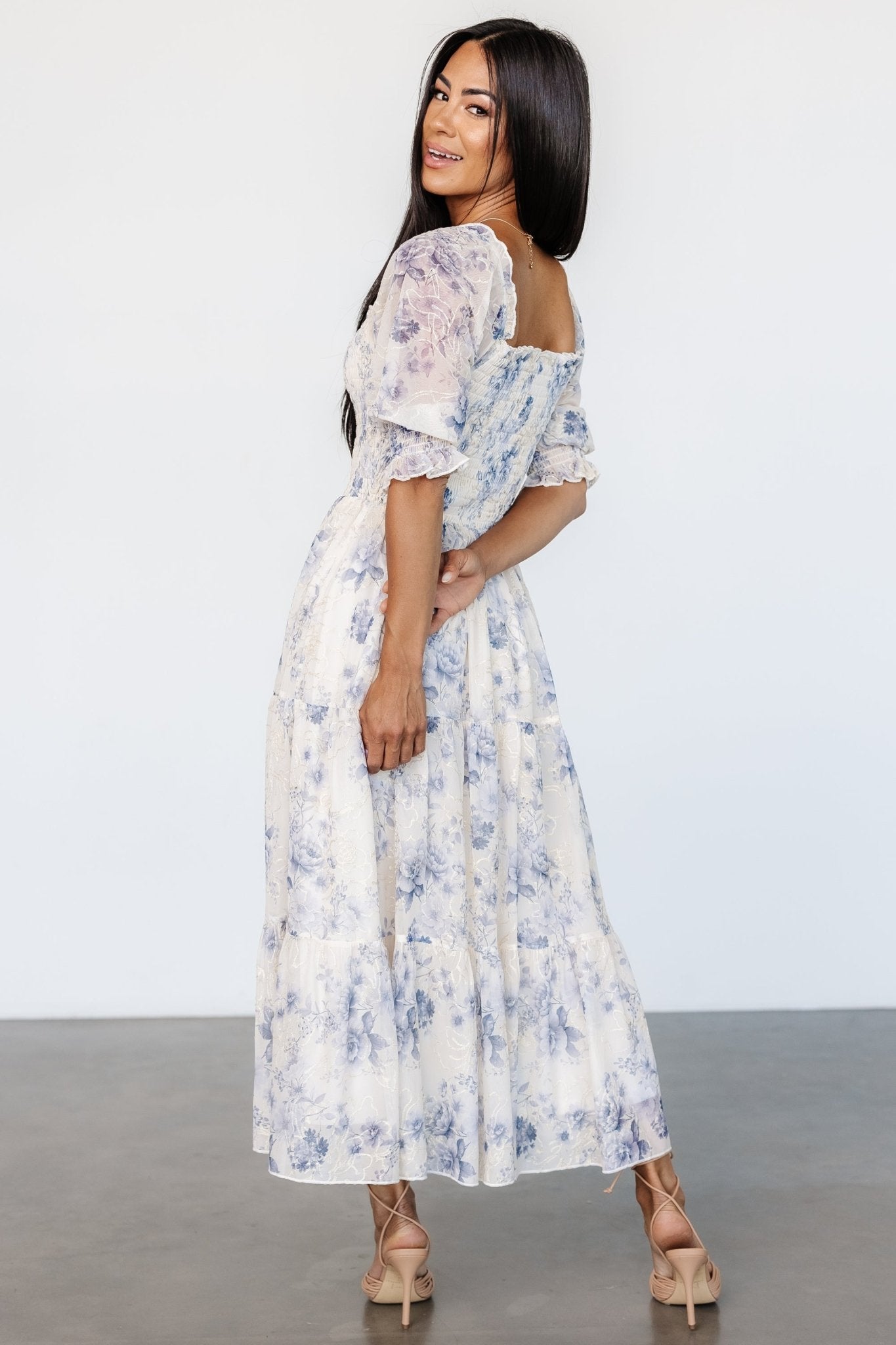 Fabian Jacquard Midi Dress | Cream + Blue Floral