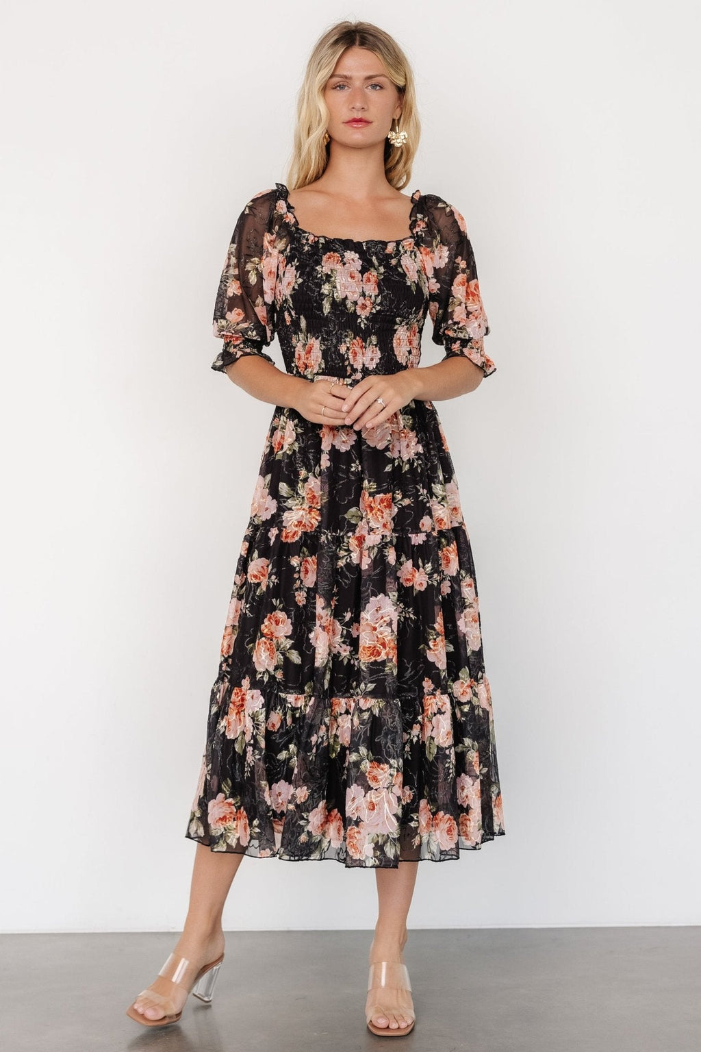 Fabian Jacquard Midi Dress | Peach + Black Floral
