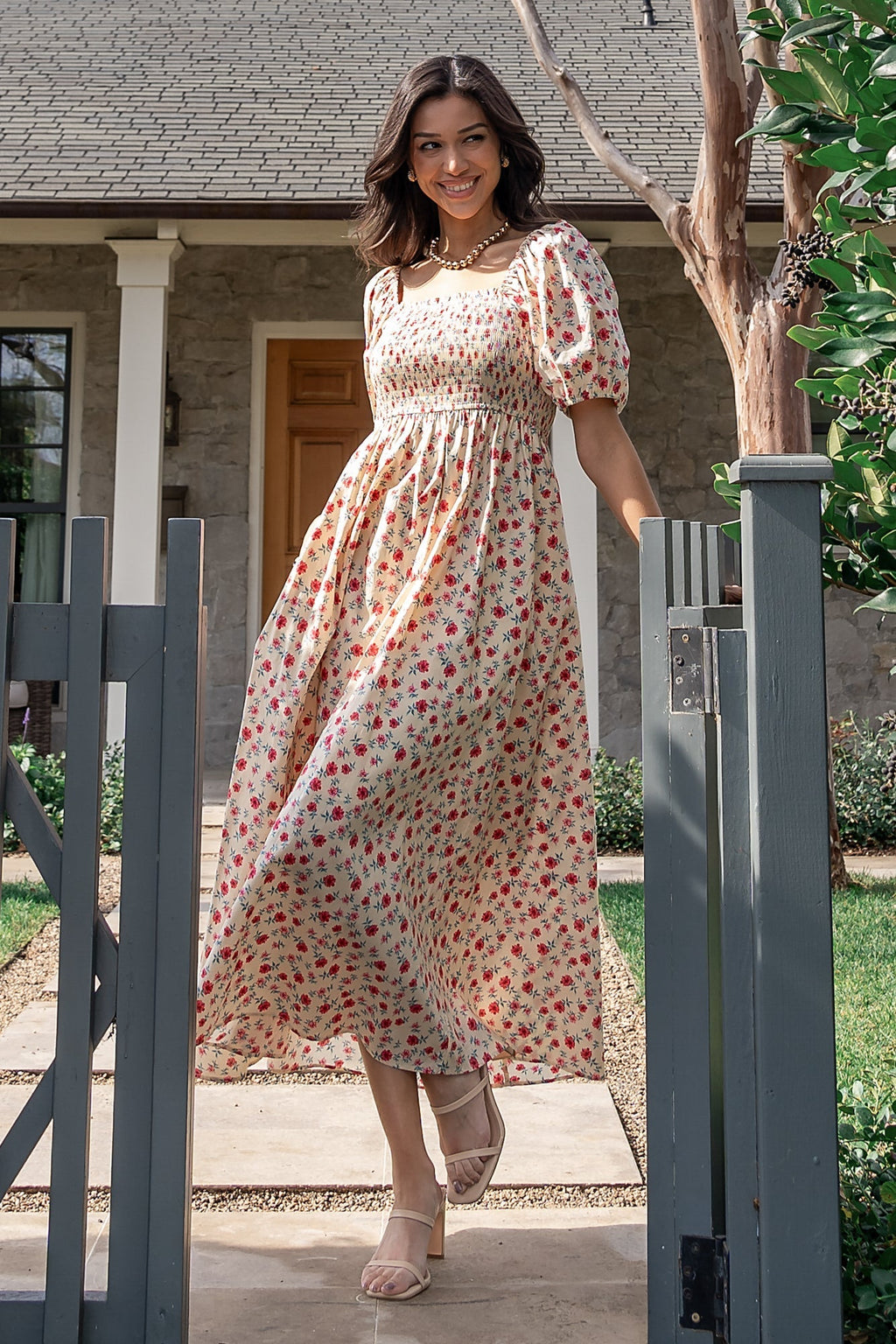 Haddie Smocked Midi Dress | Cream + Rose Floral