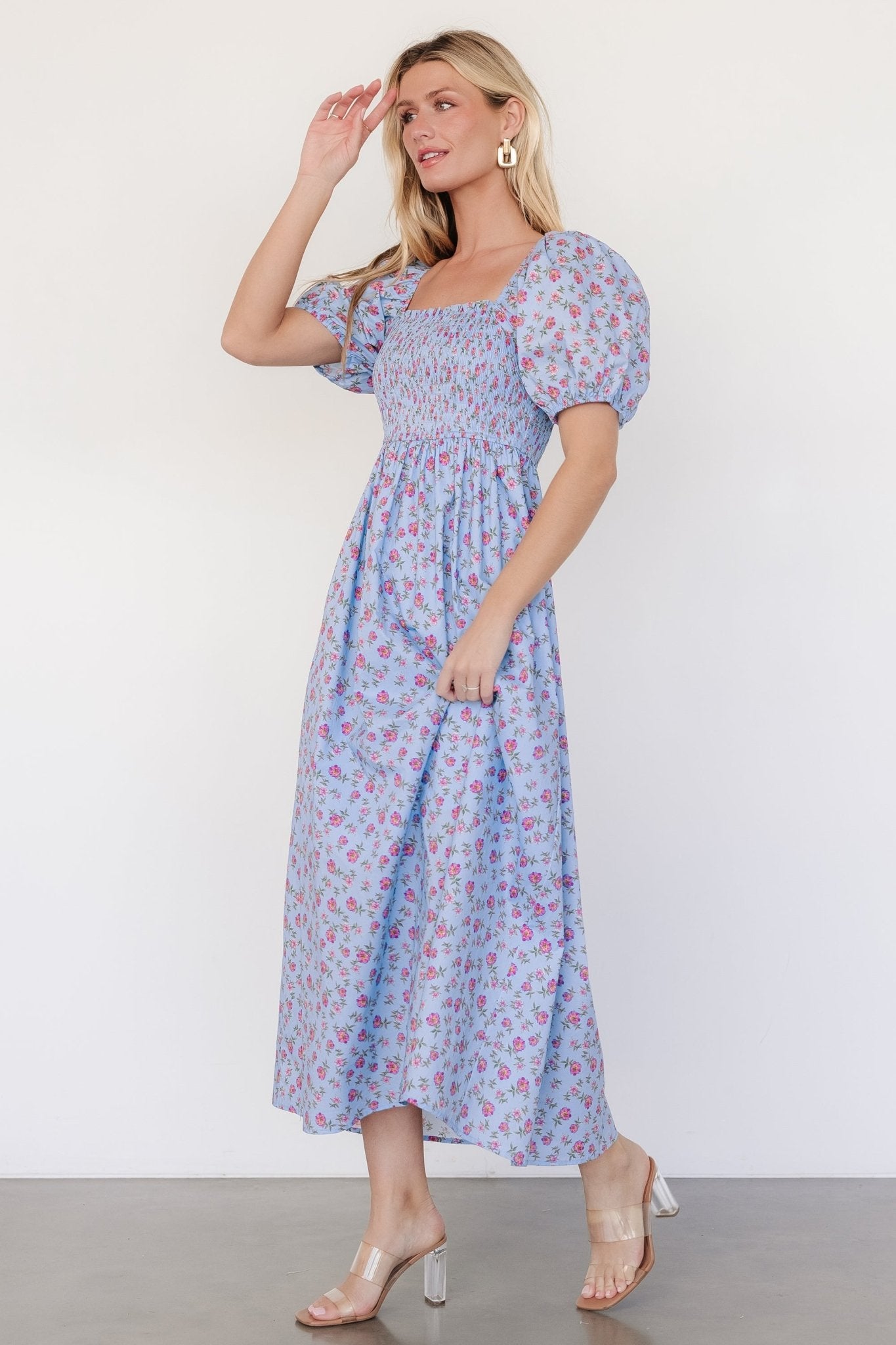 Haddie Smocked Midi Dress | Light Blue + Rose Floral