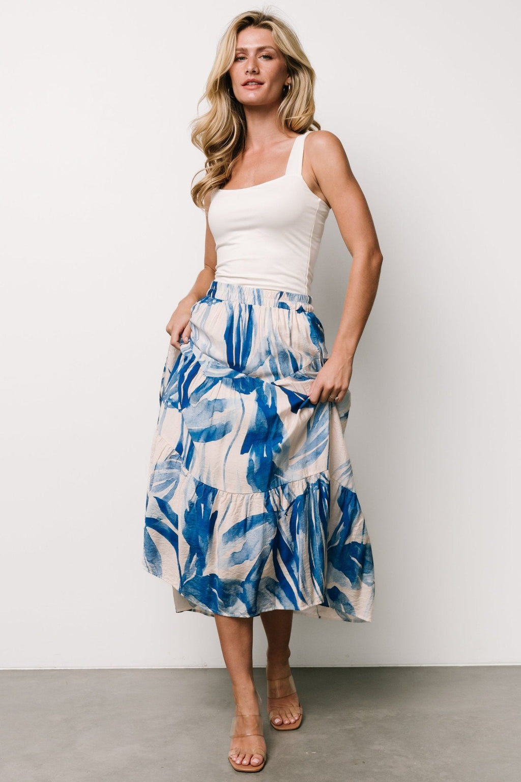 Hailee Tiered Skirt | Off White + Blue
