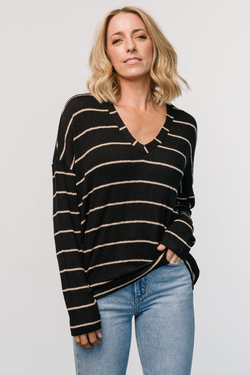 Houston Relaxed Sweater Top | Black Stripe