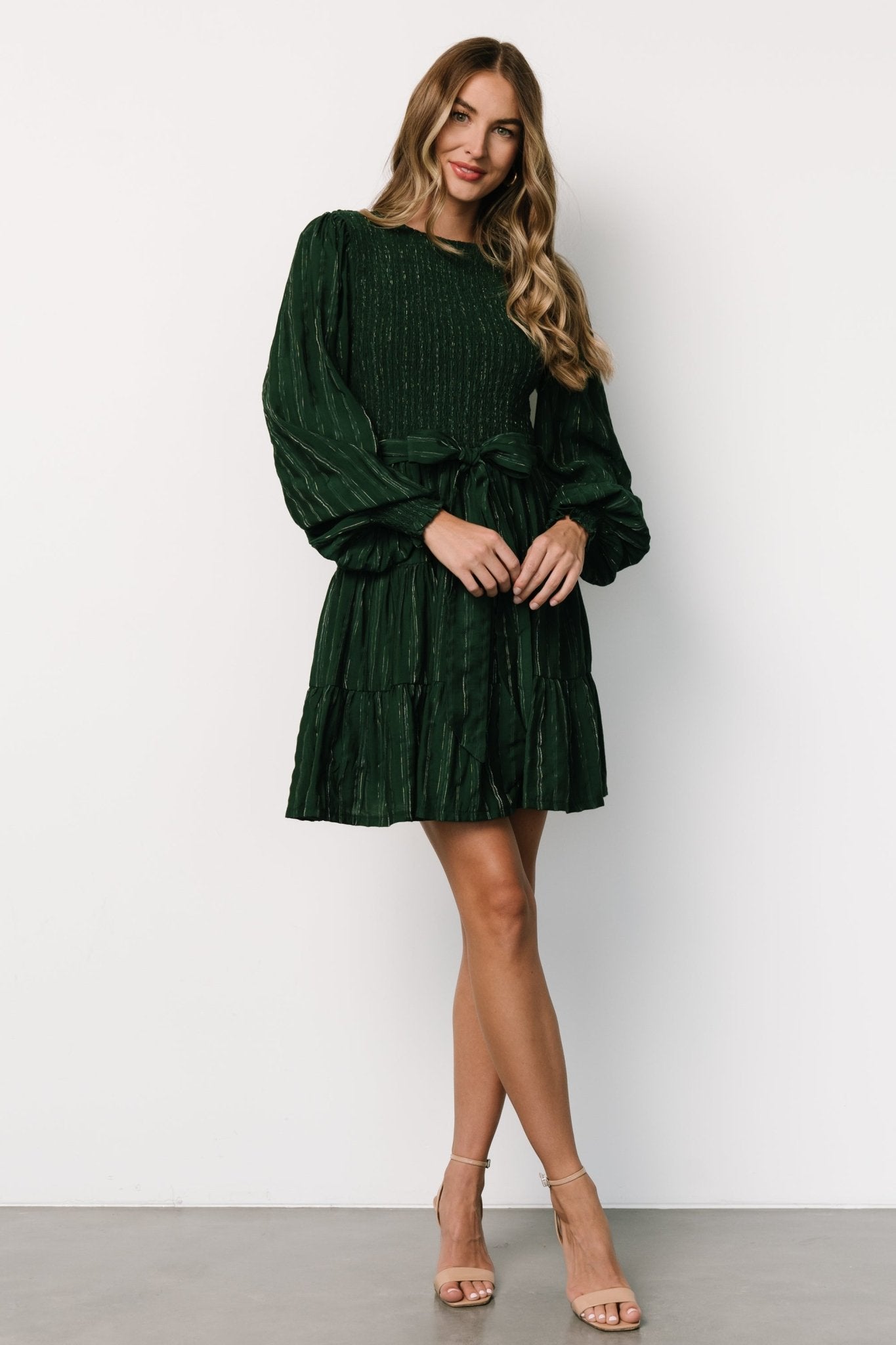 Ivey Smocked Short Dress | Dark Green + Silver