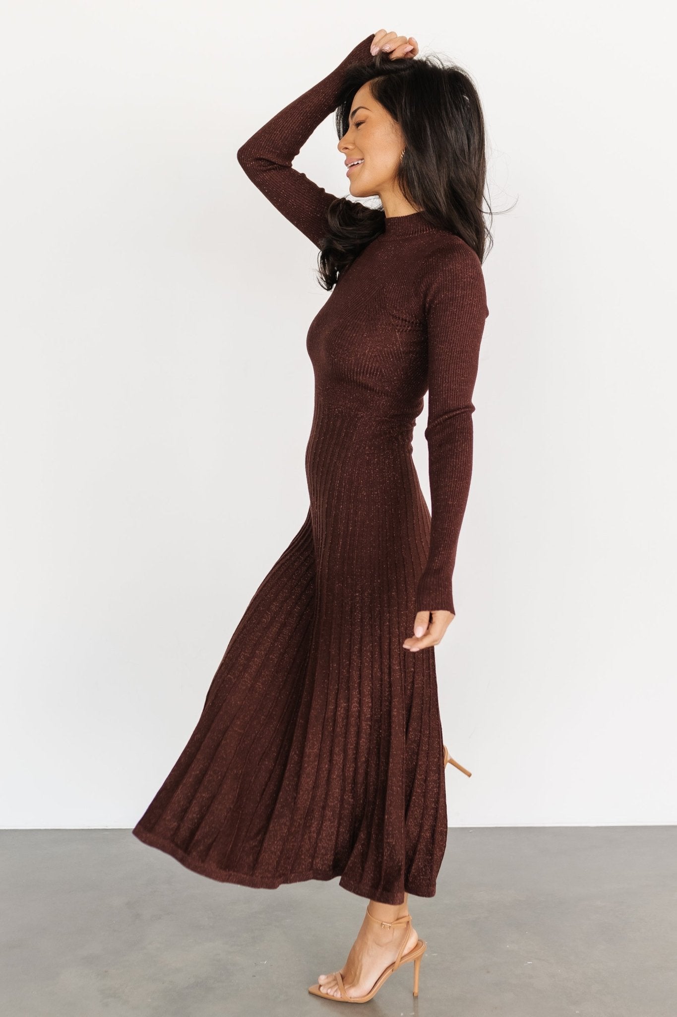 Jamelia Pleated Sweater Dress | Brown + Gold