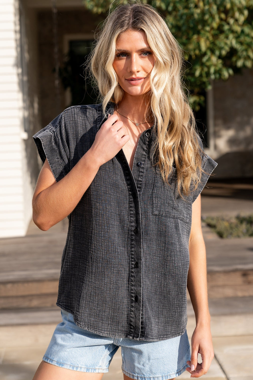 Jaye Button Top | Washed Black