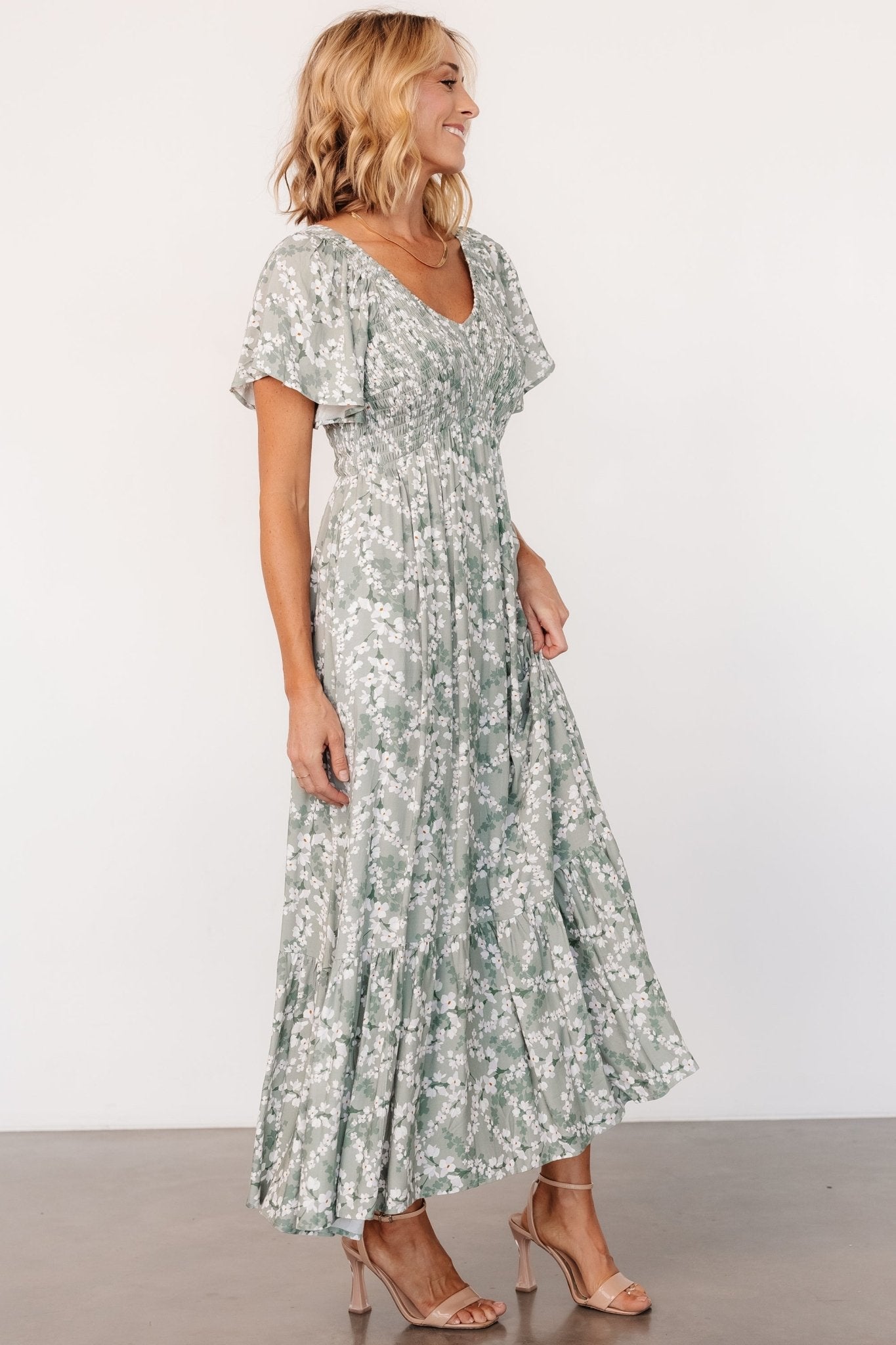 Joanie Smocked Dress | Sage + Off White Floral