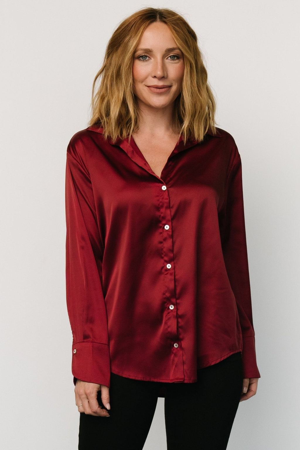 Kacey Satin Button Up Top | Burgundy