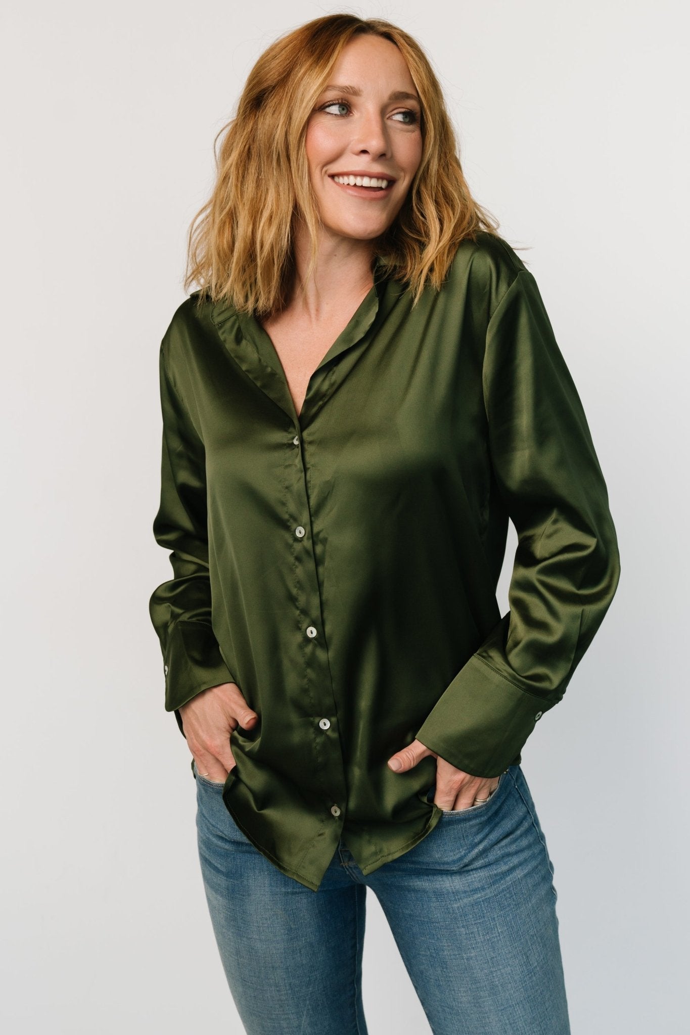 Kacey Satin Button Up Top | Dark Green