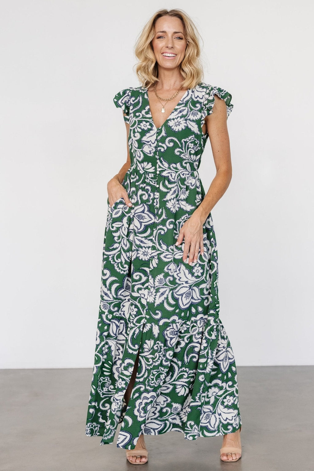 Kaia Button Maxi Dress | Green Print