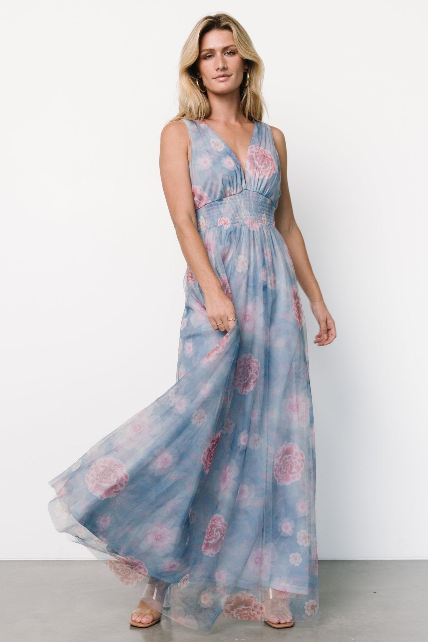 Kamila Tulle Maxi Dress | Light Blue + Pink Floral