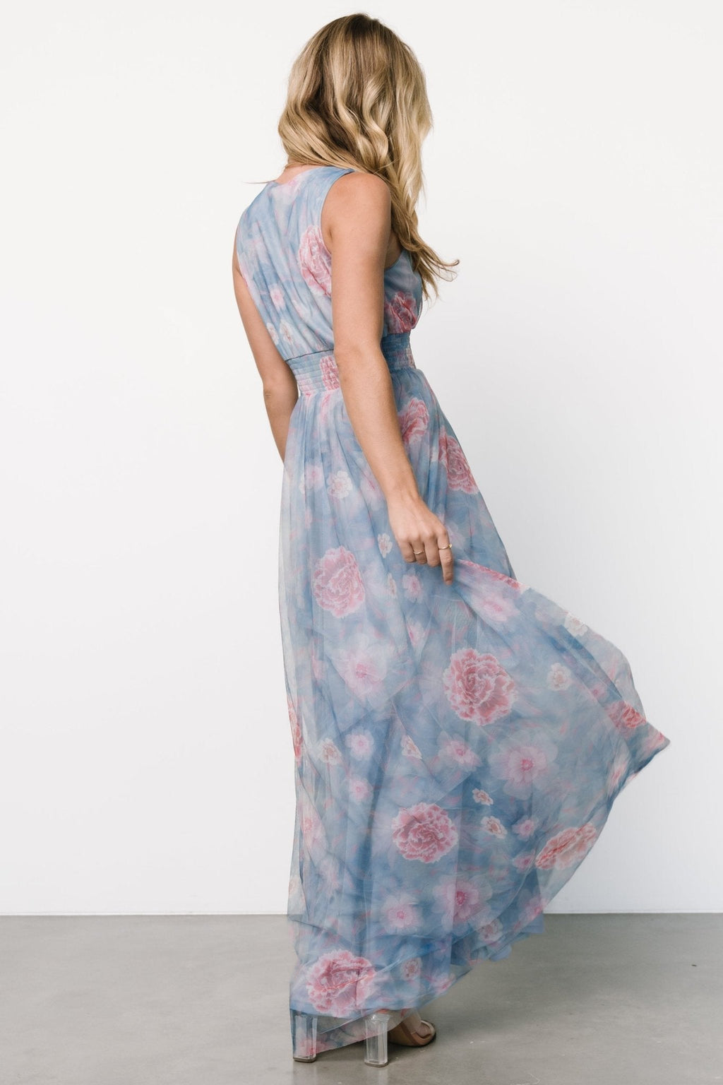 Kamila Tulle Maxi Dress | Light Blue + Pink Floral