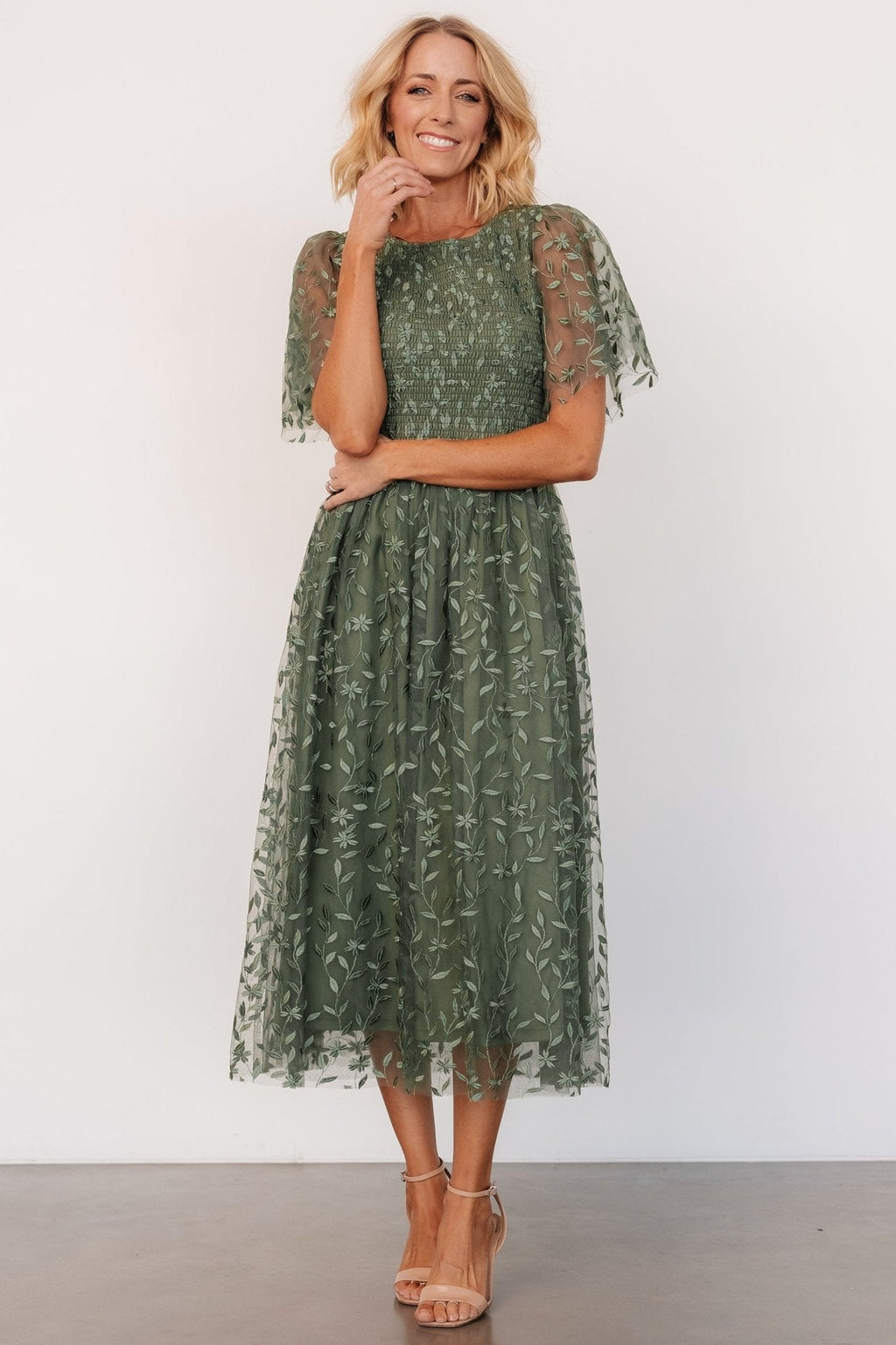 Kendra Embroidered Dress | Dark Sage