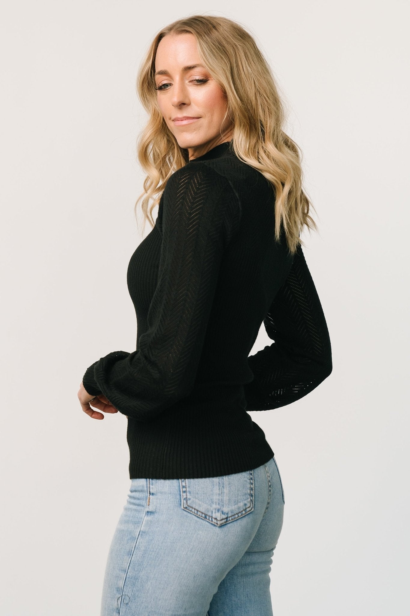 Kenzie Pointelle Sweater Top | Black