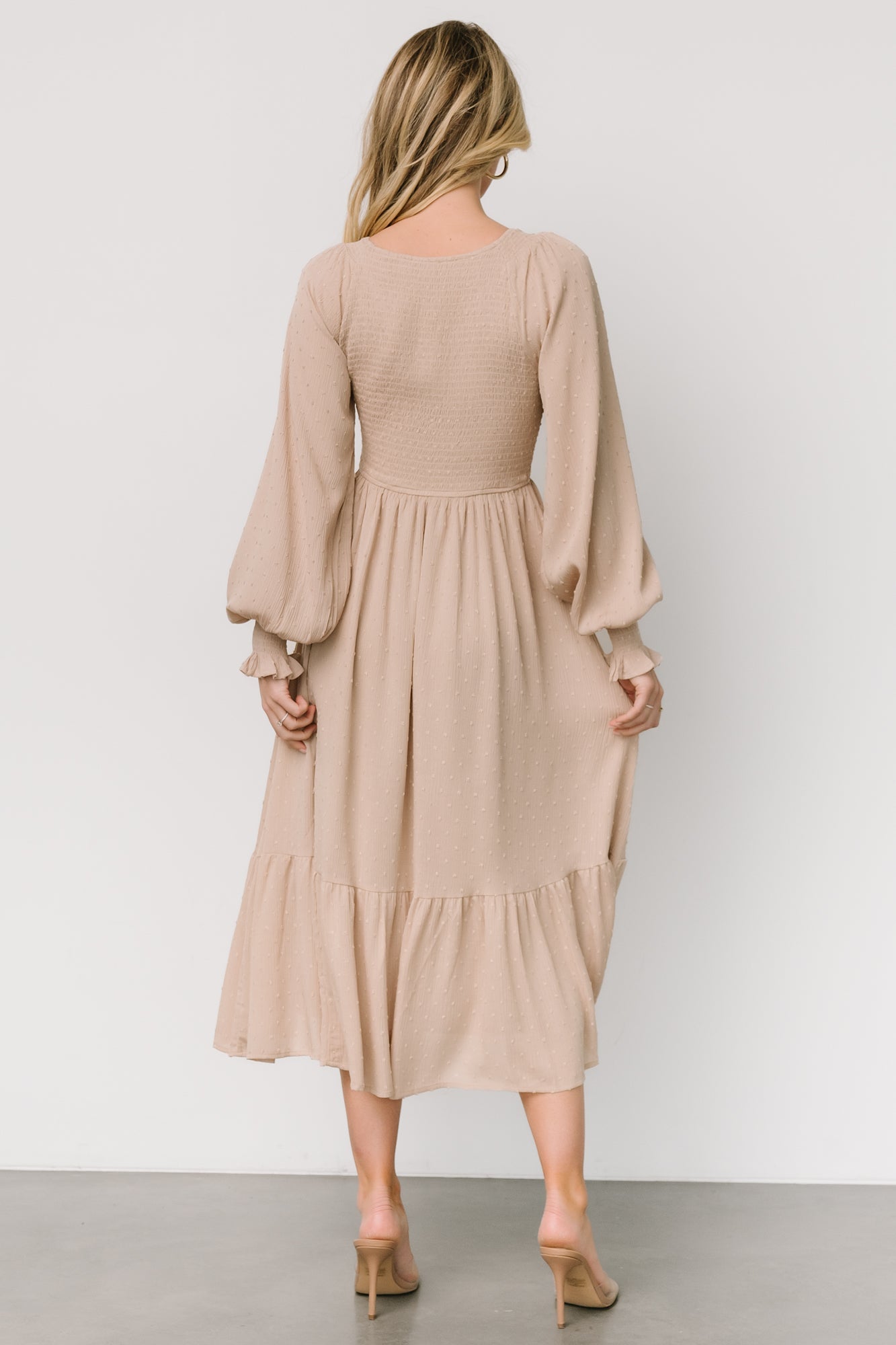 Lainey Smocked Dotted Midi Dress | Beige