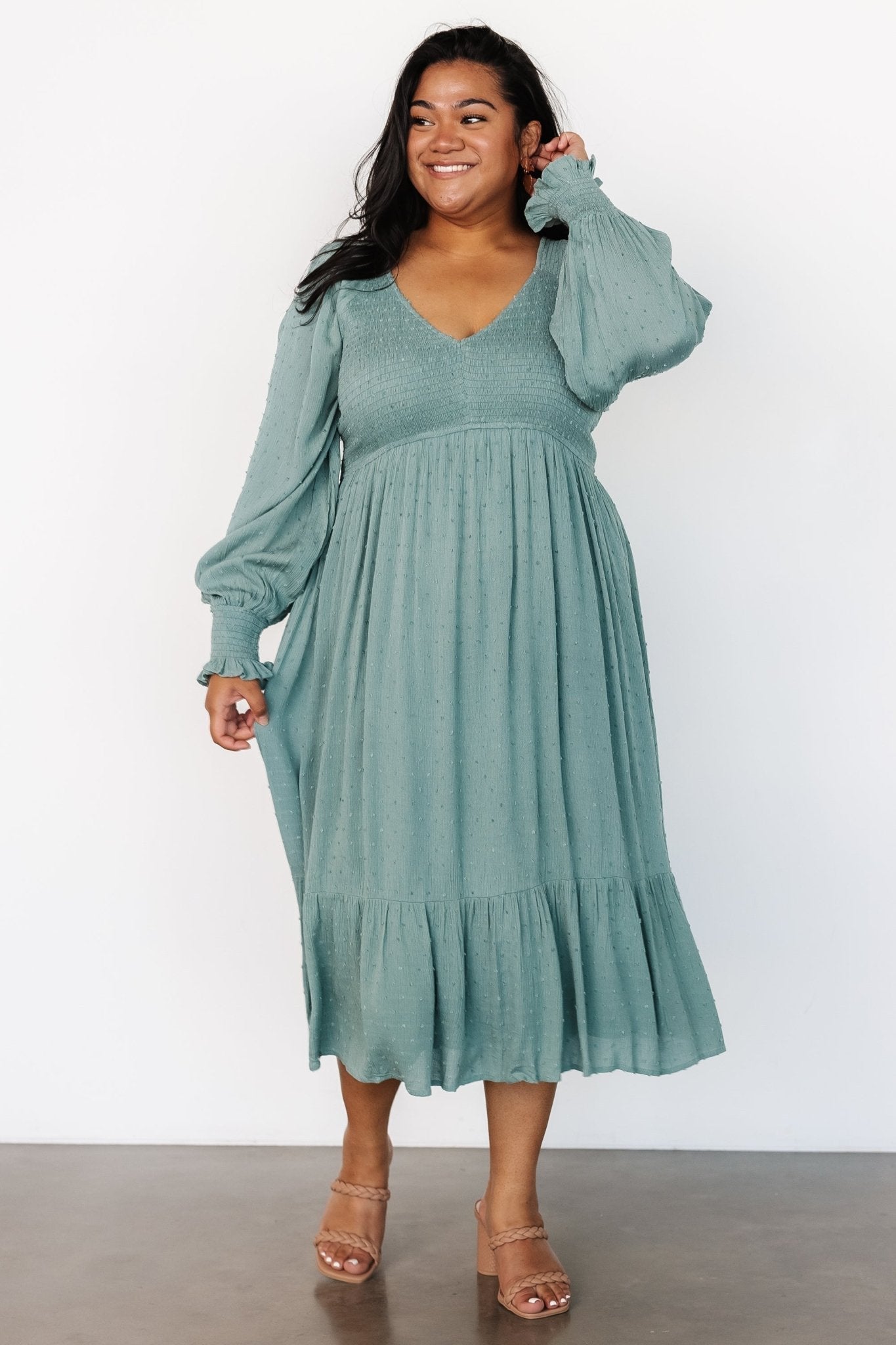 Lainey Smocked Dotted Midi Dress | Dark Sage