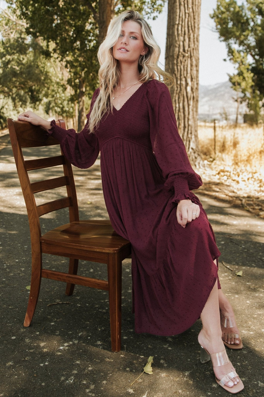 Lainey Smocked Dotted Midi Dress | Mulberry