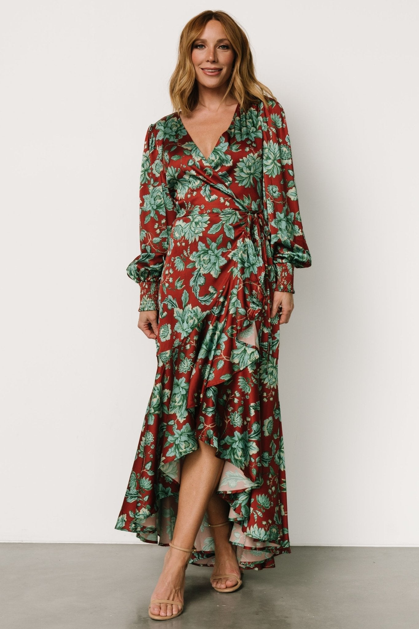 Lavinia Ruffle Maxi Dress | Rust + Green Floral