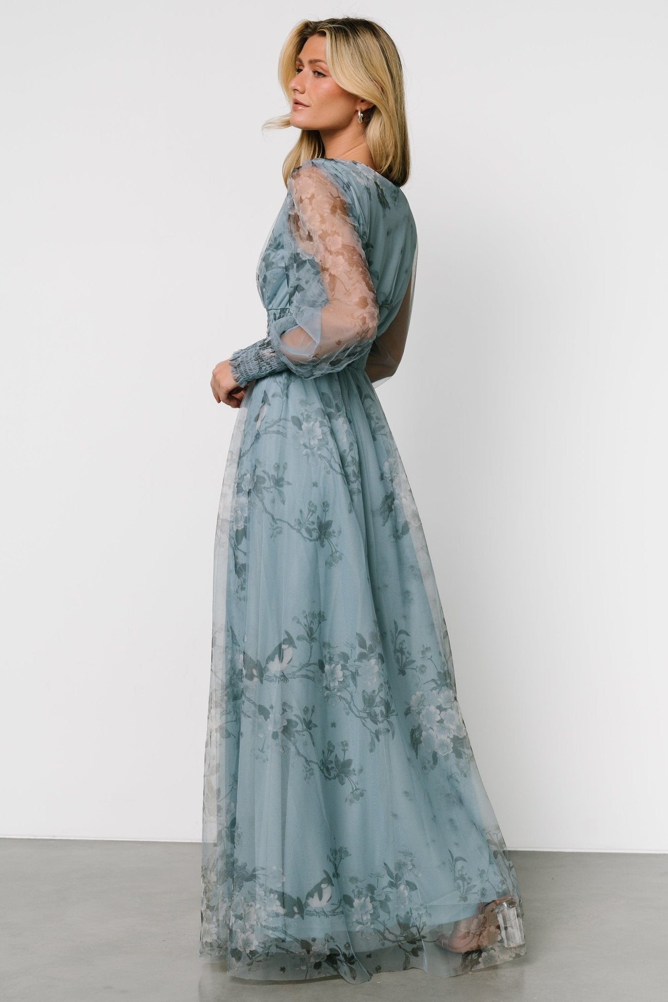 Layla Tulle Maxi Dress | Dusty Blue Floral