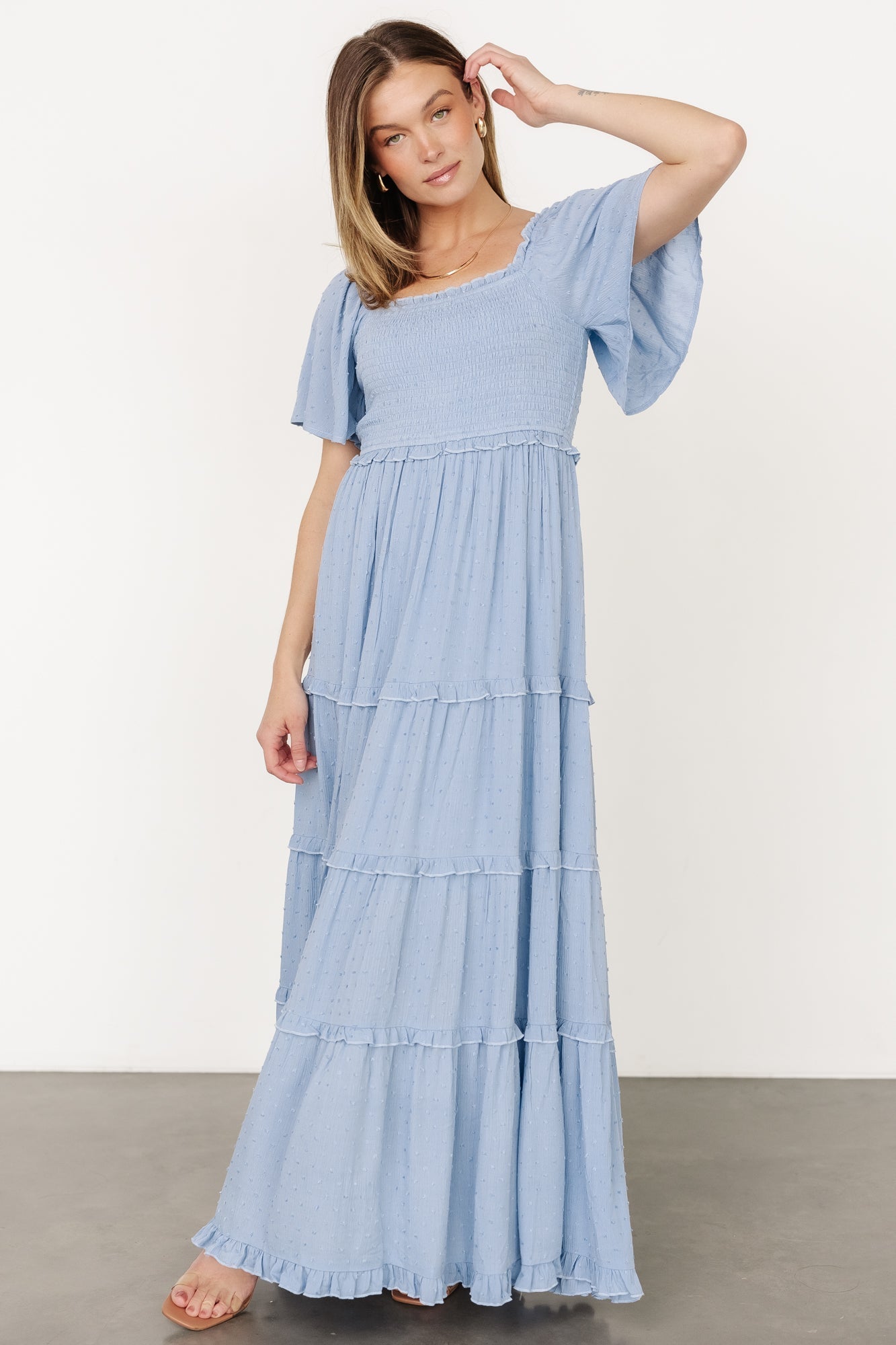 Lenora Smocked Dotted Maxi Dress | Dusty Blue