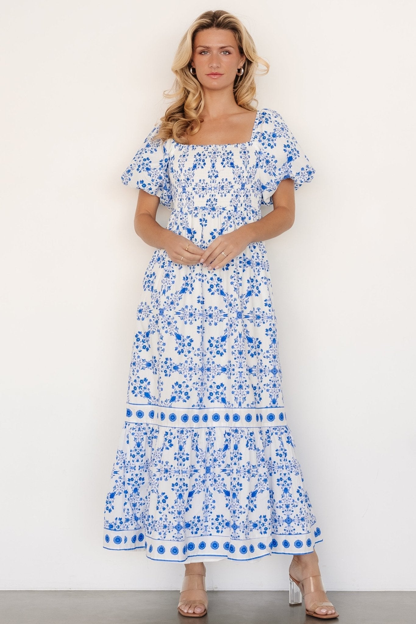 Lexa Smocked Maxi Dress | Off White + Blue Floral