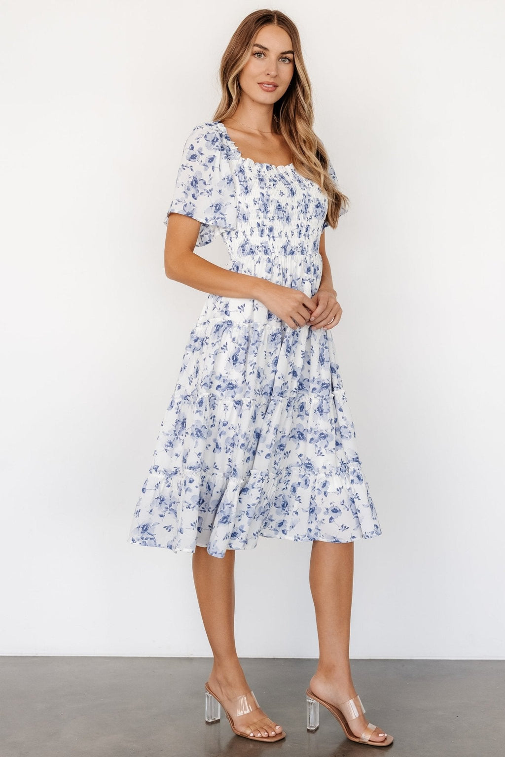 Lilla Tiered Midi Dress | Off-White + Blue Floral