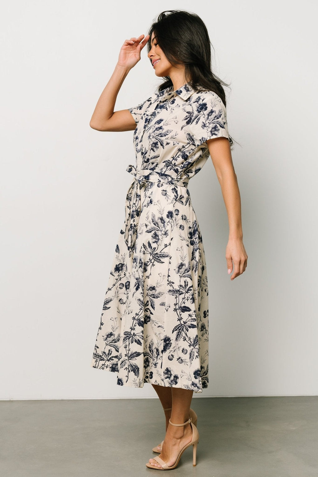 Lorna Midi Dress | Beige + Navy Print